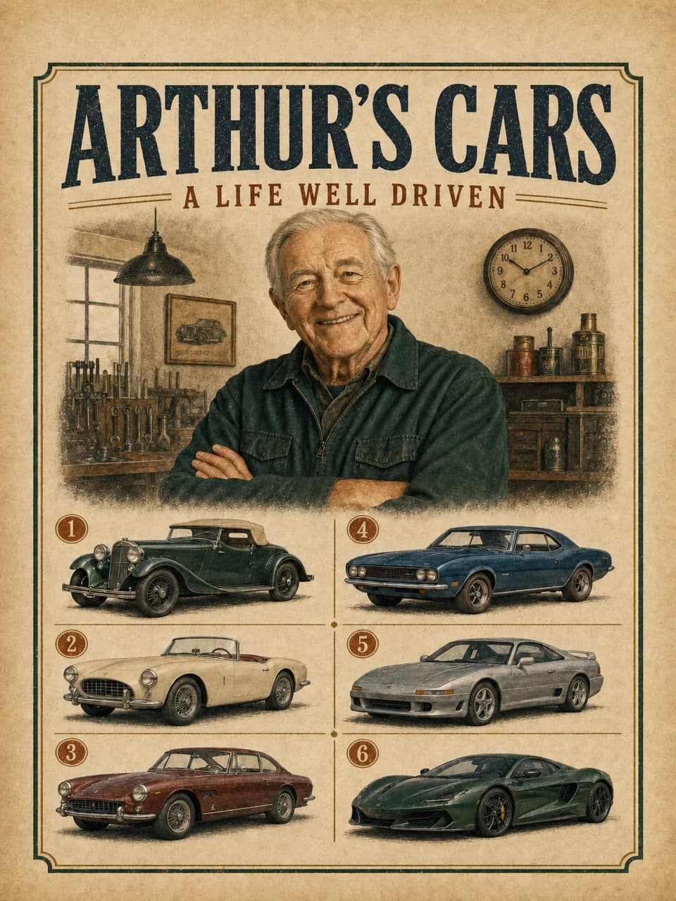 Arthur’s Cars, a fictional generated poster with a smiling older man and six cars