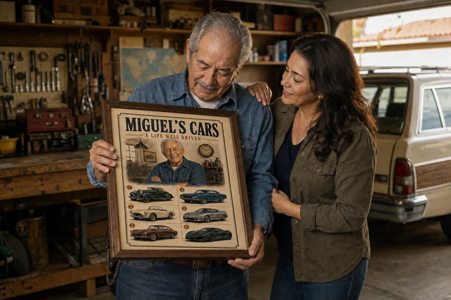 Fictional AI-generated scene of Miguel and his adult daughter sharing his framed Miguel’s Cars history, featuring his own portrait, in a garage
